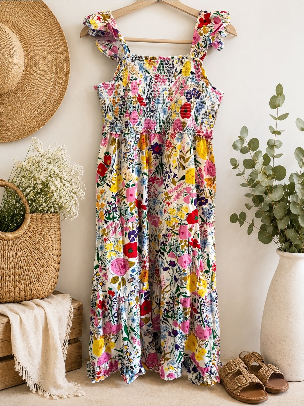 THML Floral Smocked Midi Dress Size Small Ruffle Straps Cottagecore Boho